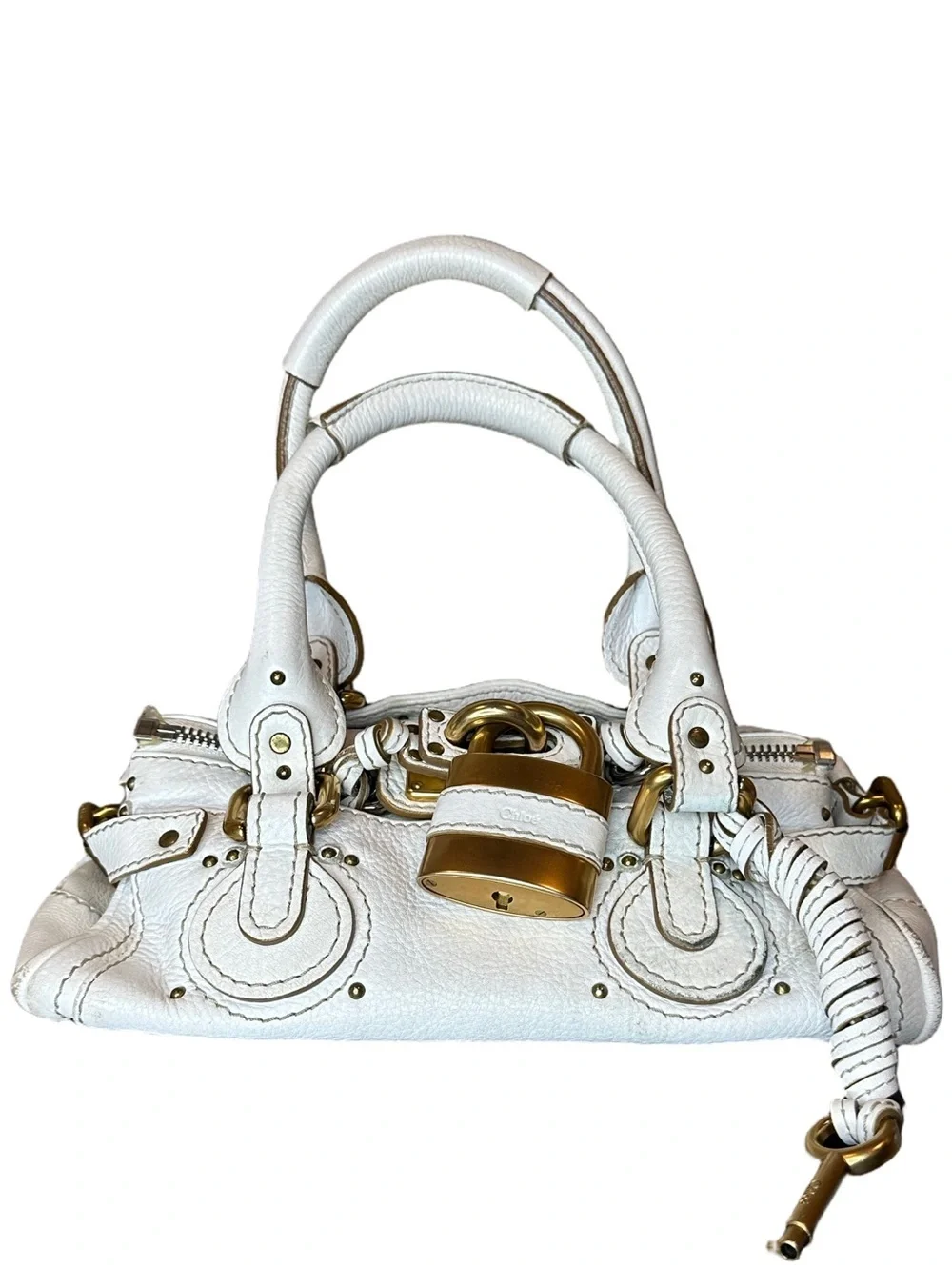 CHLOE Paddington Ivory Leather Mini Top Handle Bag with Lock and Key